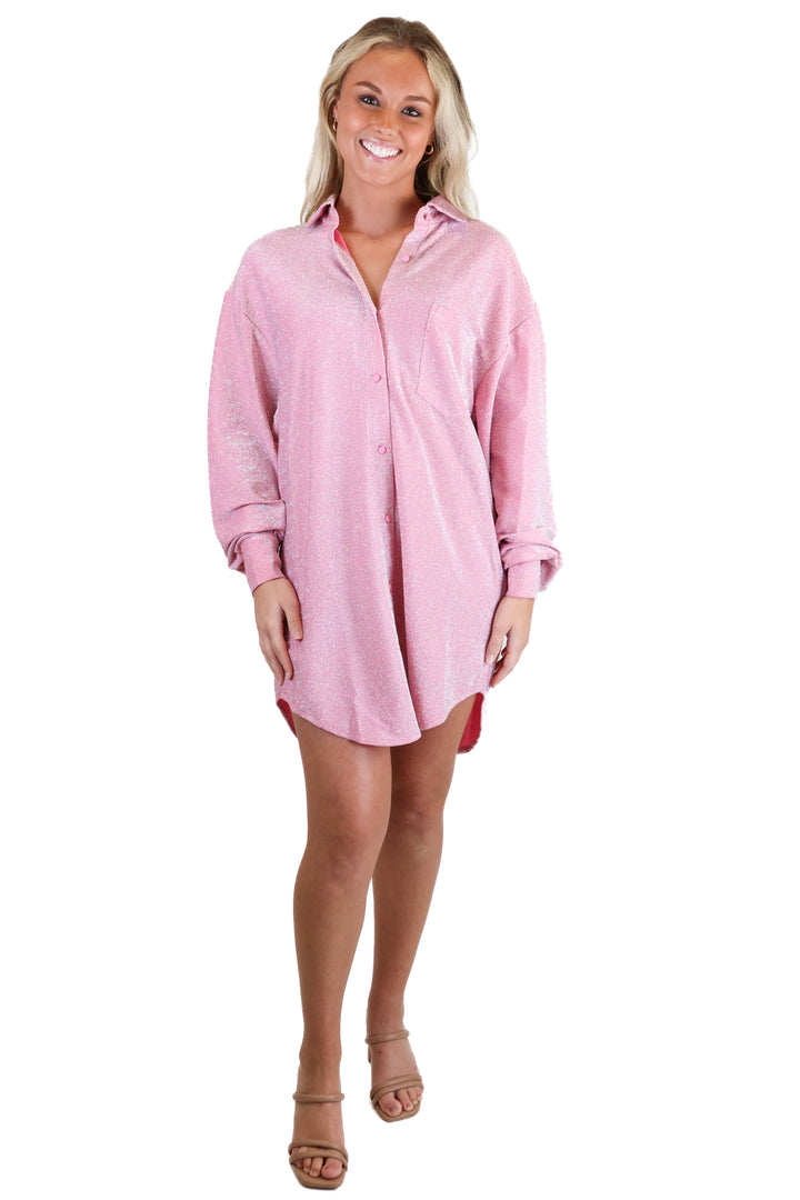 Showpo Pink Sparkly Button Down Dress NWT (2)