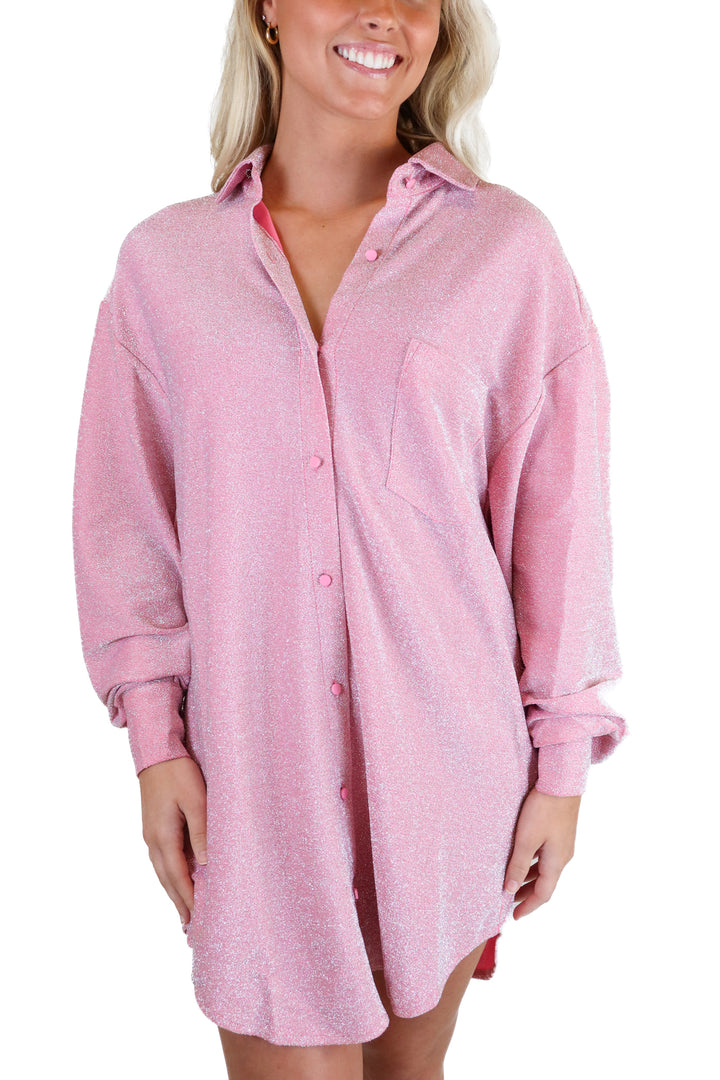 Showpo Pink Sparkly Button Down Dress NWT (2)