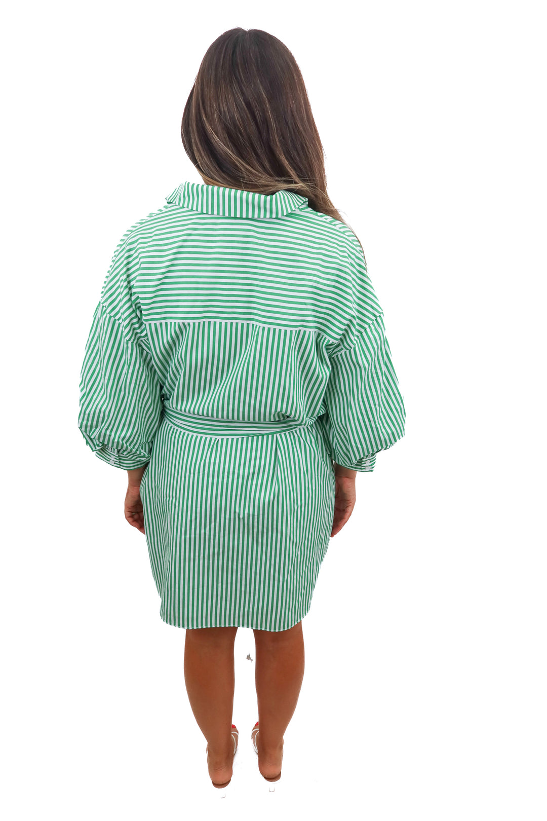 vici green/white striped button up dress (L; retail $70)