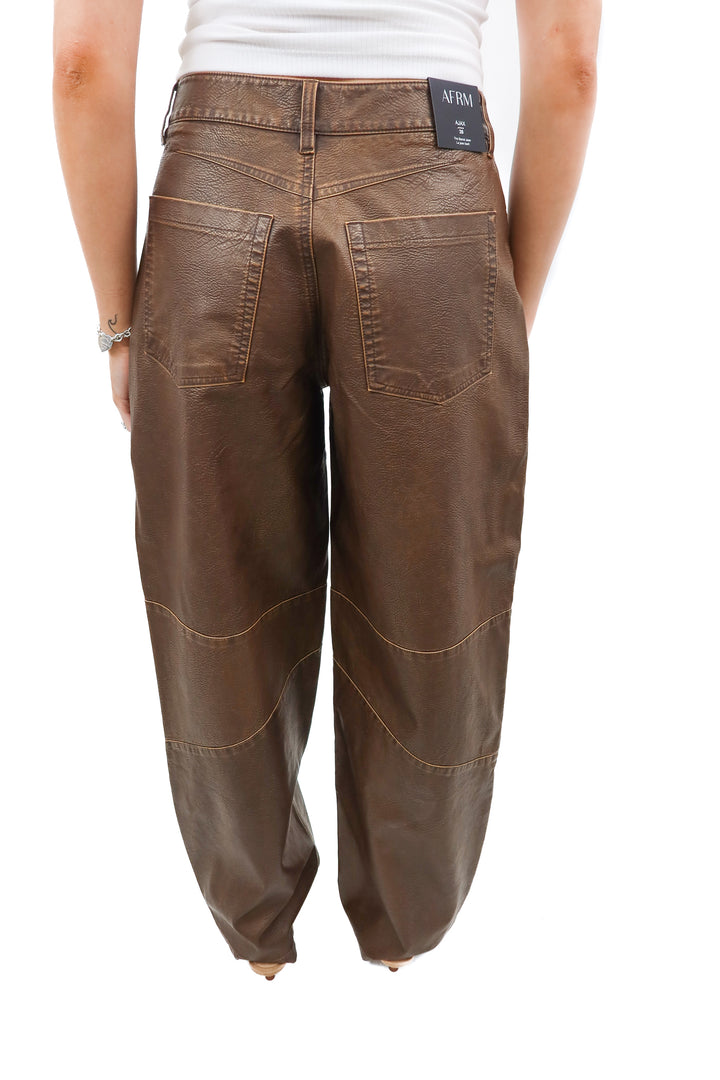 afrm brown barrel vegan leather pants NWT (26; retail $108)