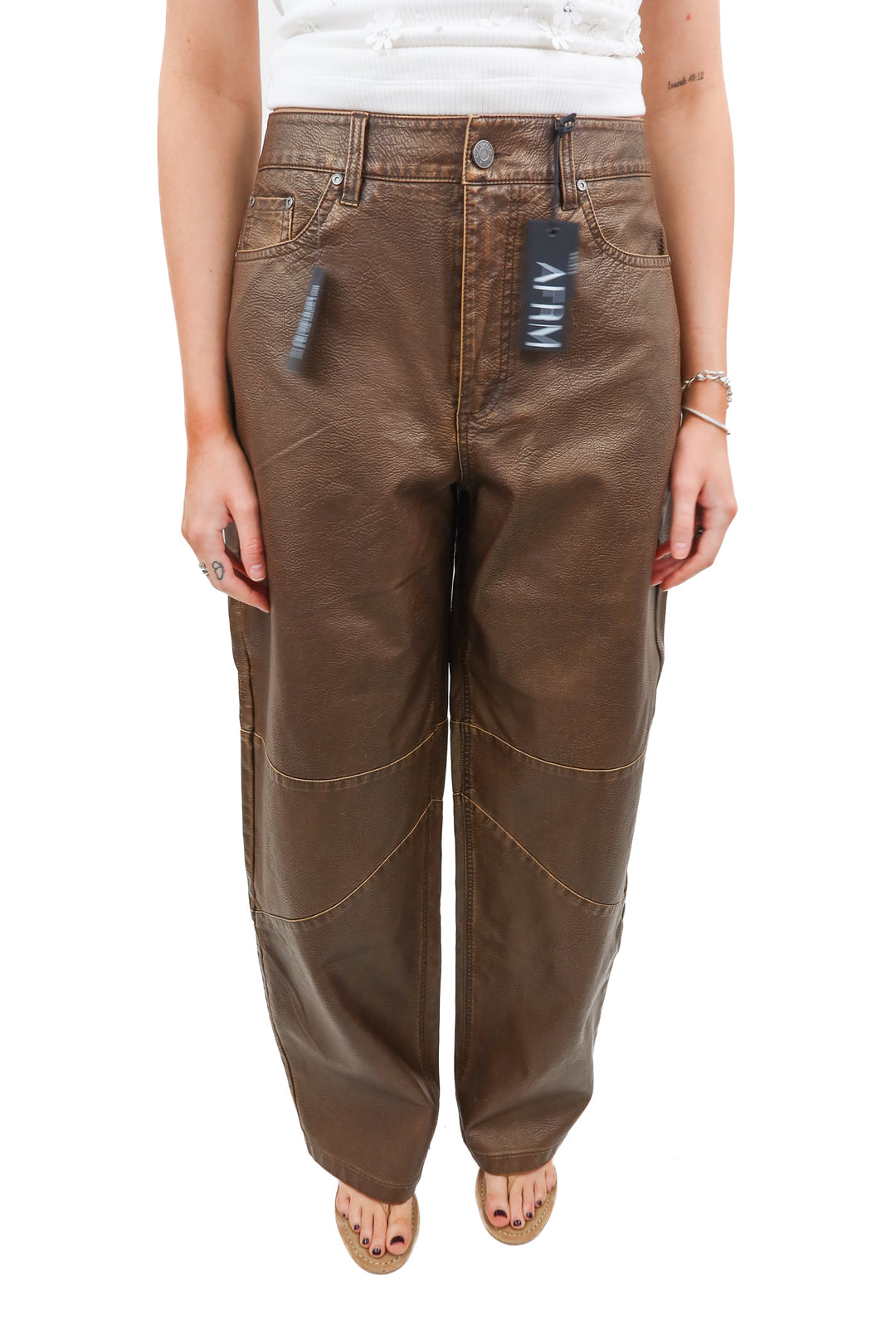 afrm brown barrel vegan leather pants NWT (26; retail $108)