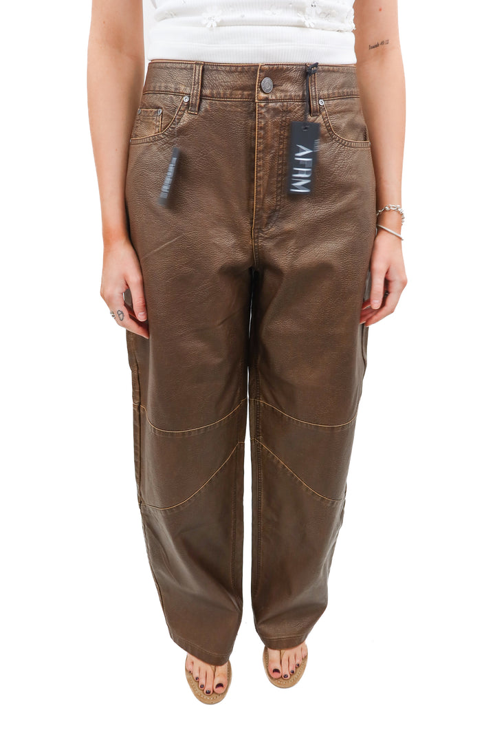 afrm brown barrel vegan leather pants NWT (26; retail $108)