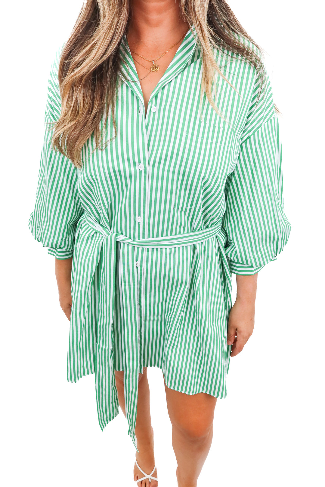 vici green/white striped button up dress (L; retail $70)