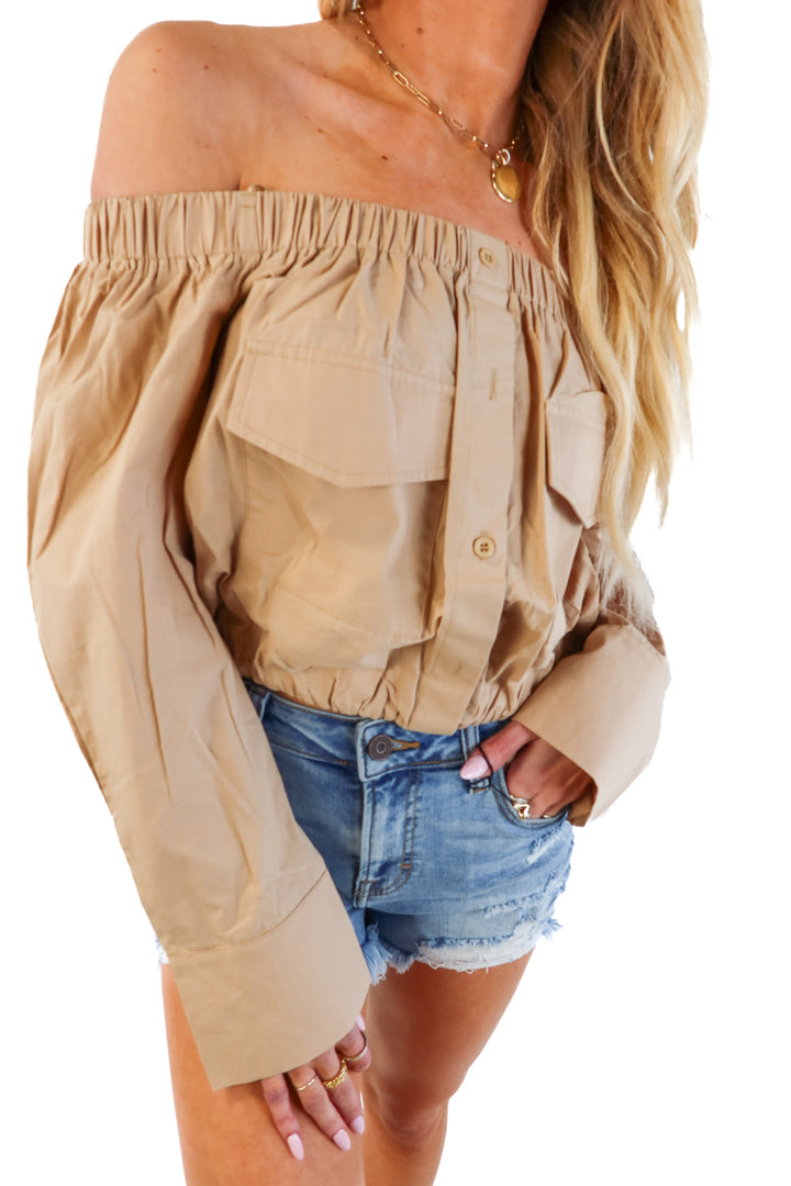 DO + BE khaki off shoulder crop NWT (m)