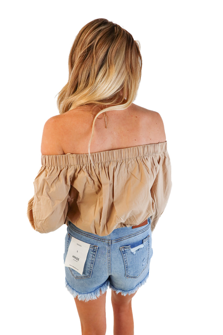 DO + BE khaki off shoulder crop NWT (m)