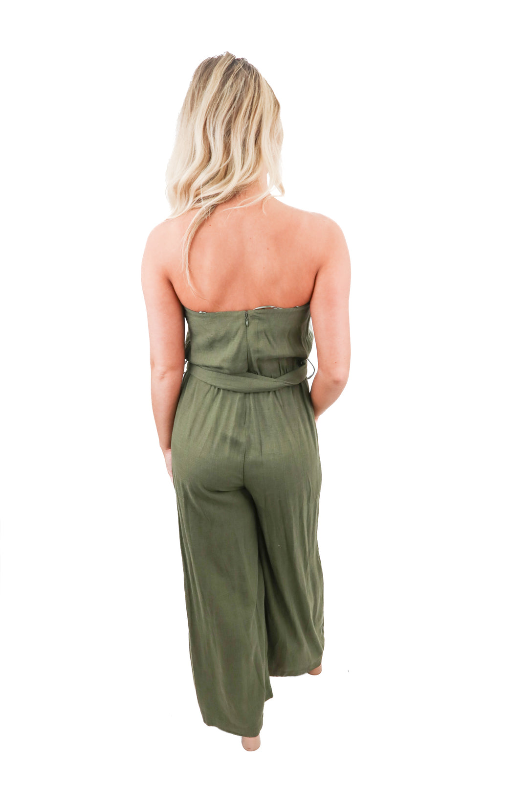 Kittenish army green belted strapless jumpsuit (S)