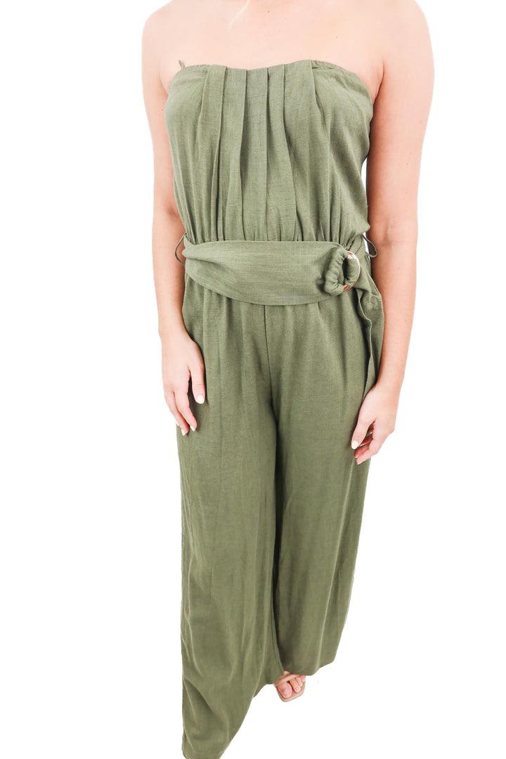 Kittenish army green belted strapless jumpsuit (S)