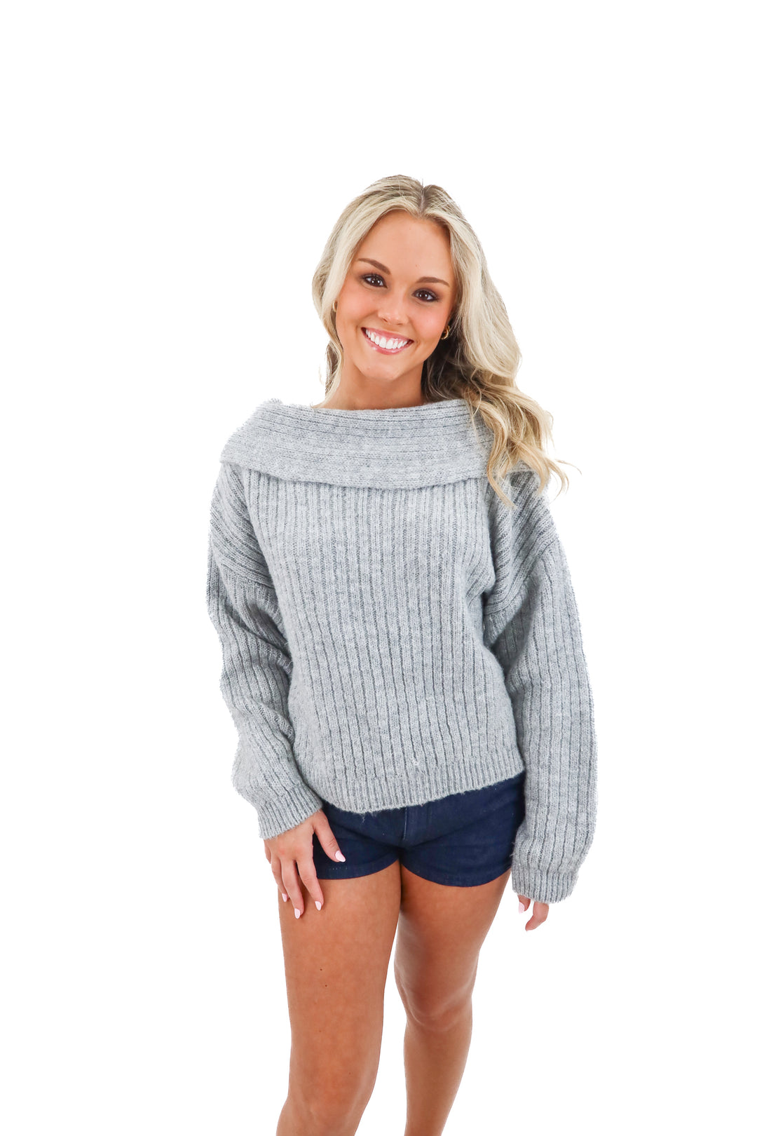 asos design grey off shoulder knit sweater (s)