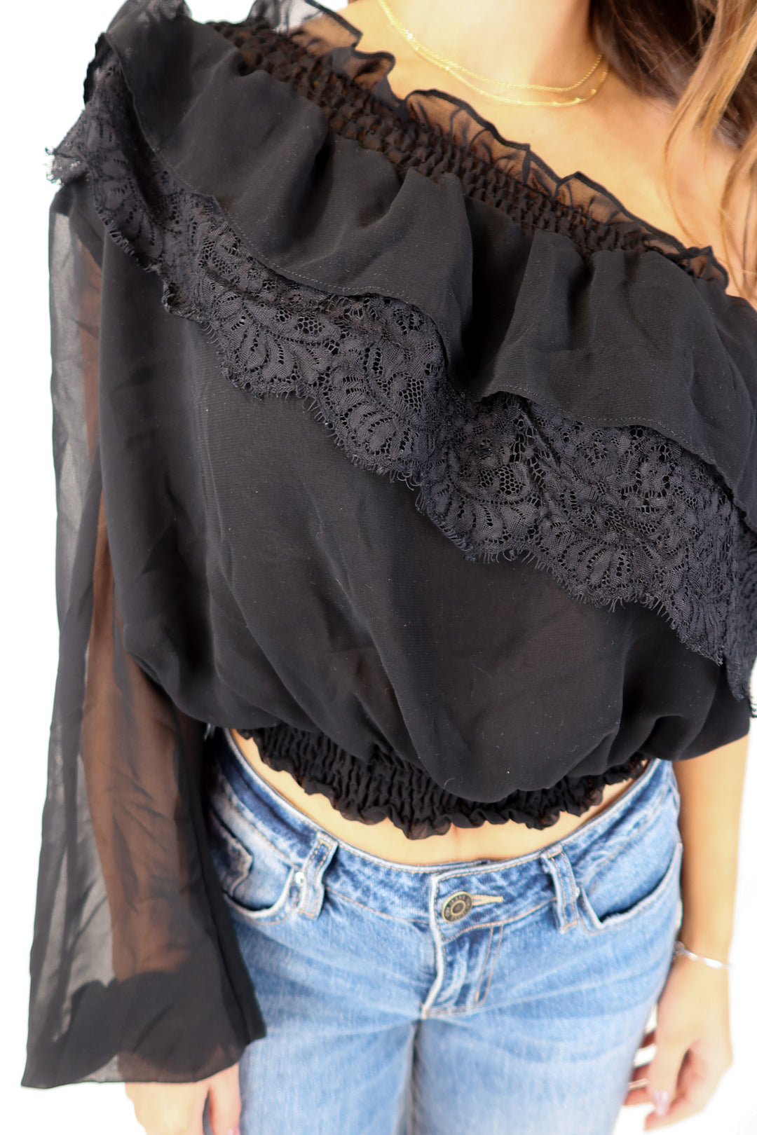 l'academie black lace off the shoulder top (s; retail $178)