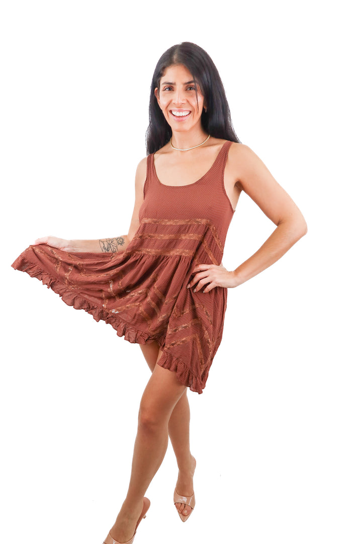 Free People brown lace embellished polka dot asymmetrical mini dress (S)