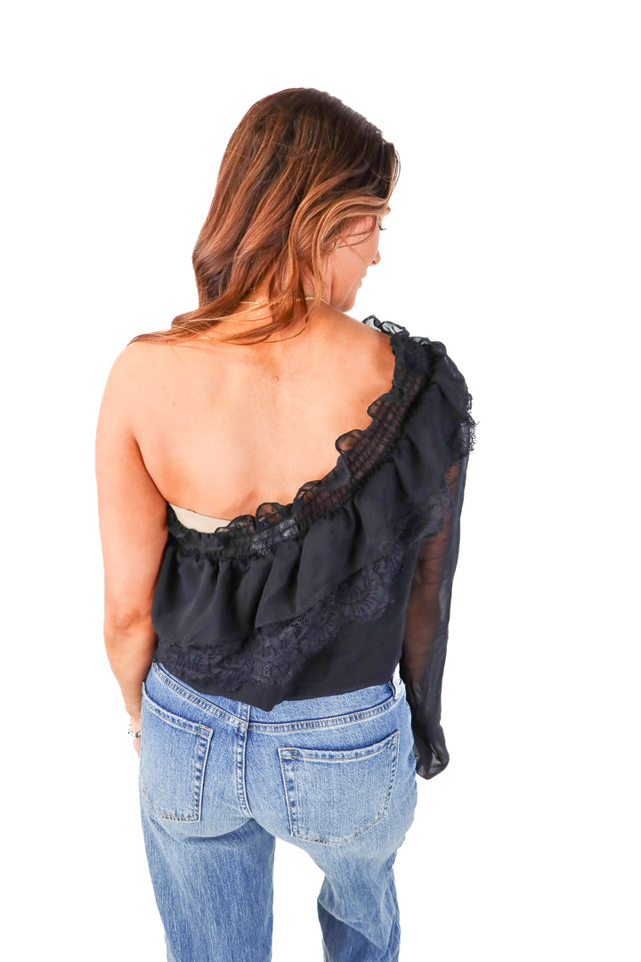l'academie black lace off the shoulder top (s; retail $178)