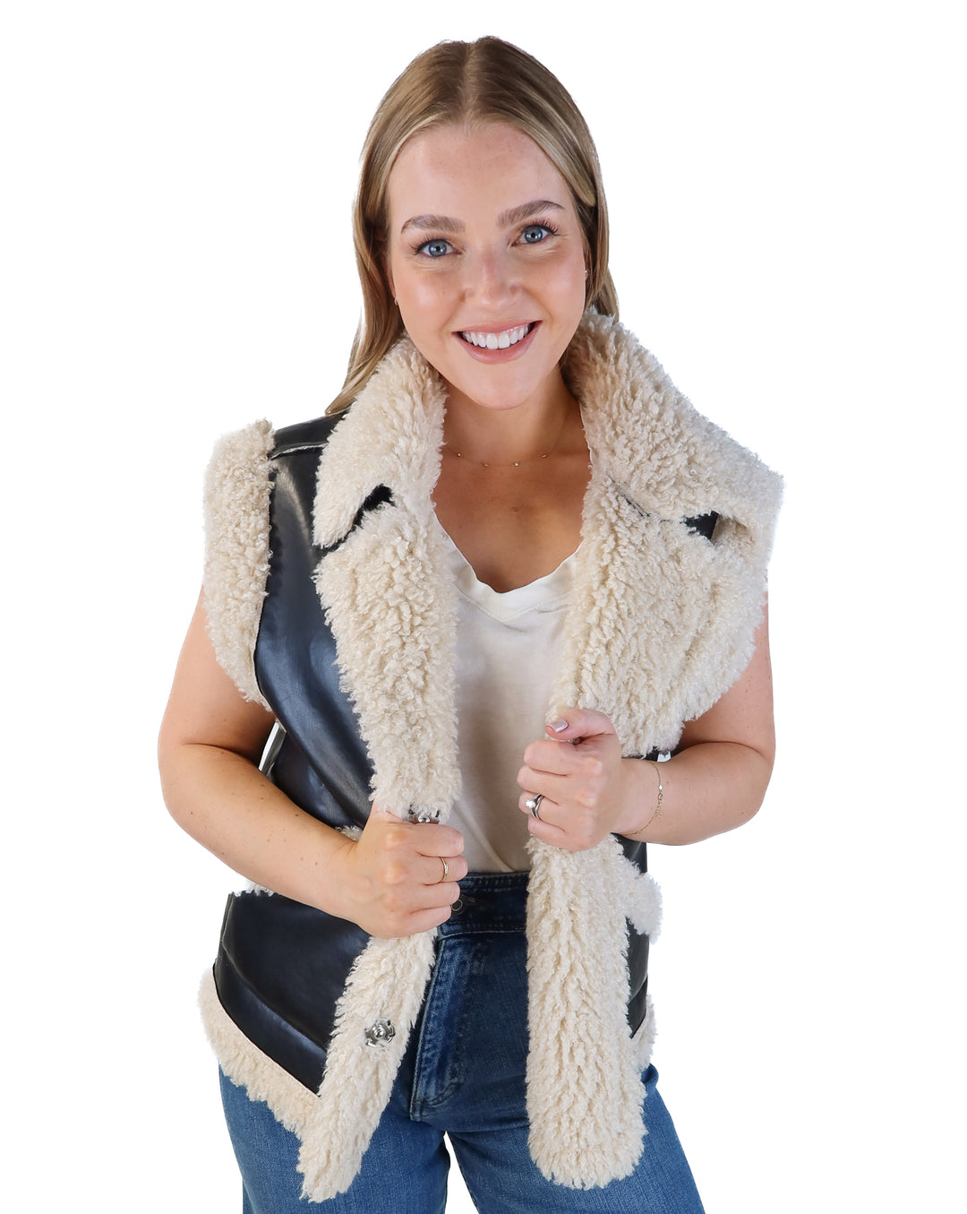 Vici black faux leather/sherpa vest (s; retails for $84)