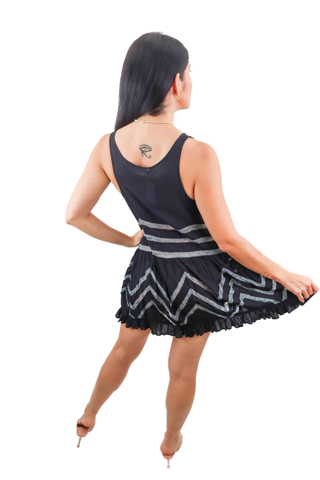 Free People black lace embellished polka dot asymmetrical mini dress (S)