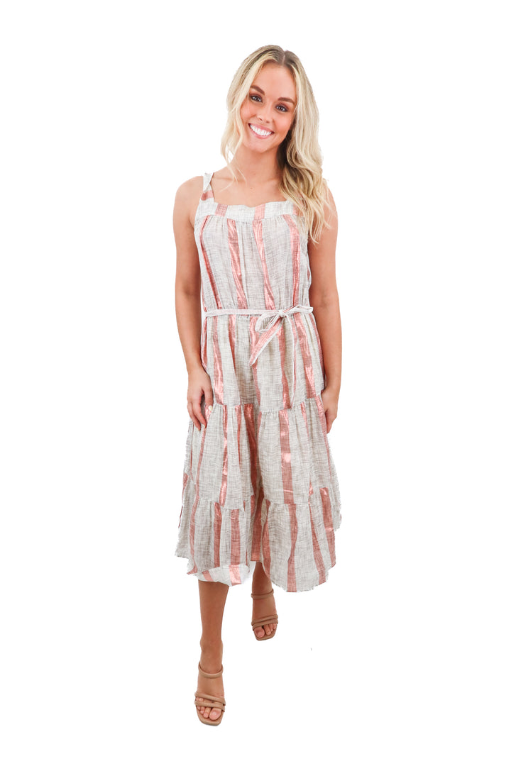 The Korner pink stripe with metallic detail midi dress (S; retail $109)