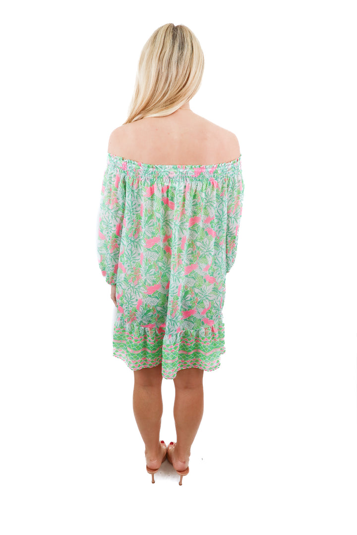 Lilly Pulitzer green pink floral off shoulder swim cover dress (S)
