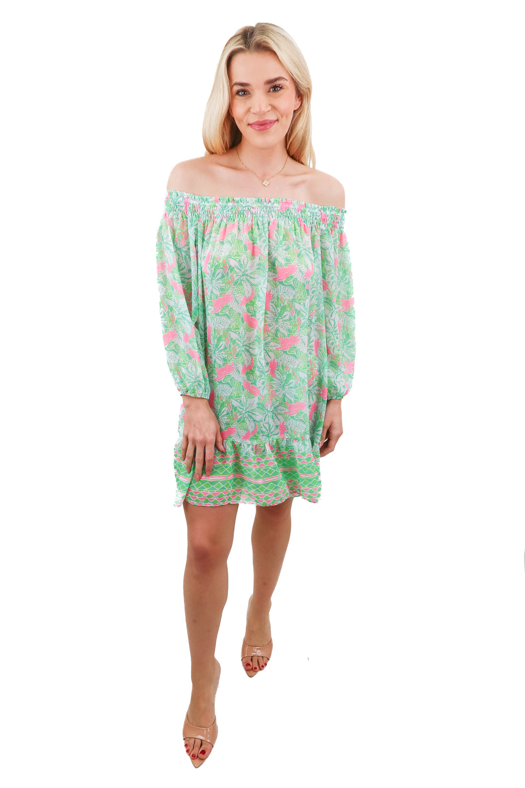 Lilly Pulitzer green pink floral off shoulder swim cover dress (S)