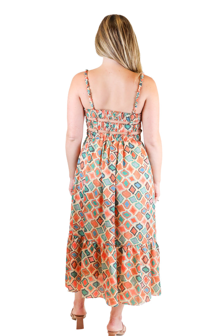 Vici orange/gold/green printed midi dress (S)