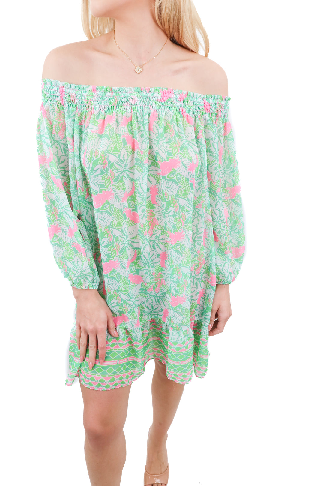 Lilly Pulitzer green pink floral off shoulder swim cover dress (S)