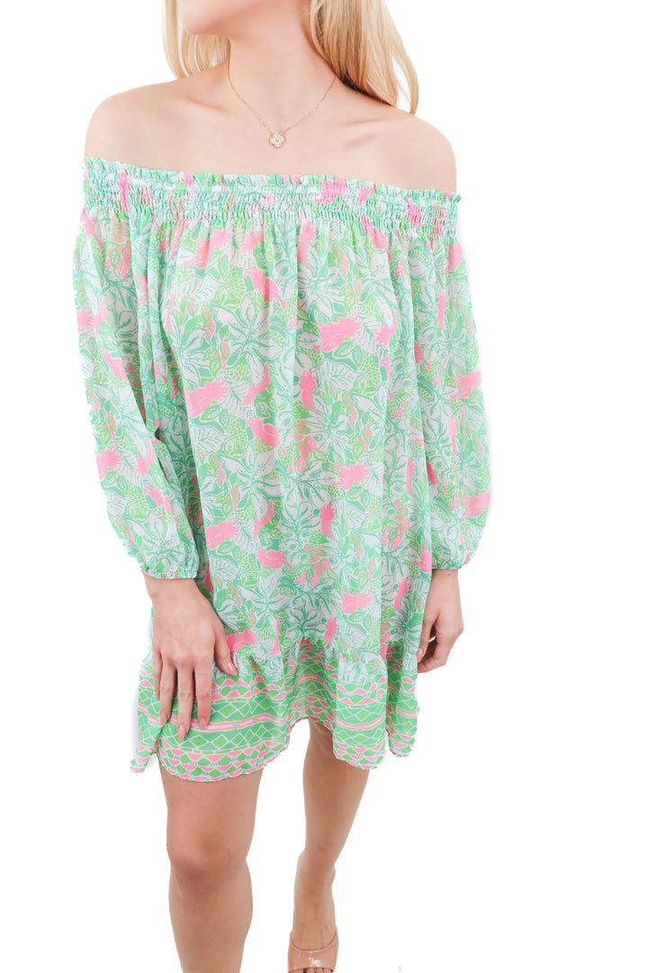 Lilly Pulitzer green pink floral off shoulder swim cover dress (S)
