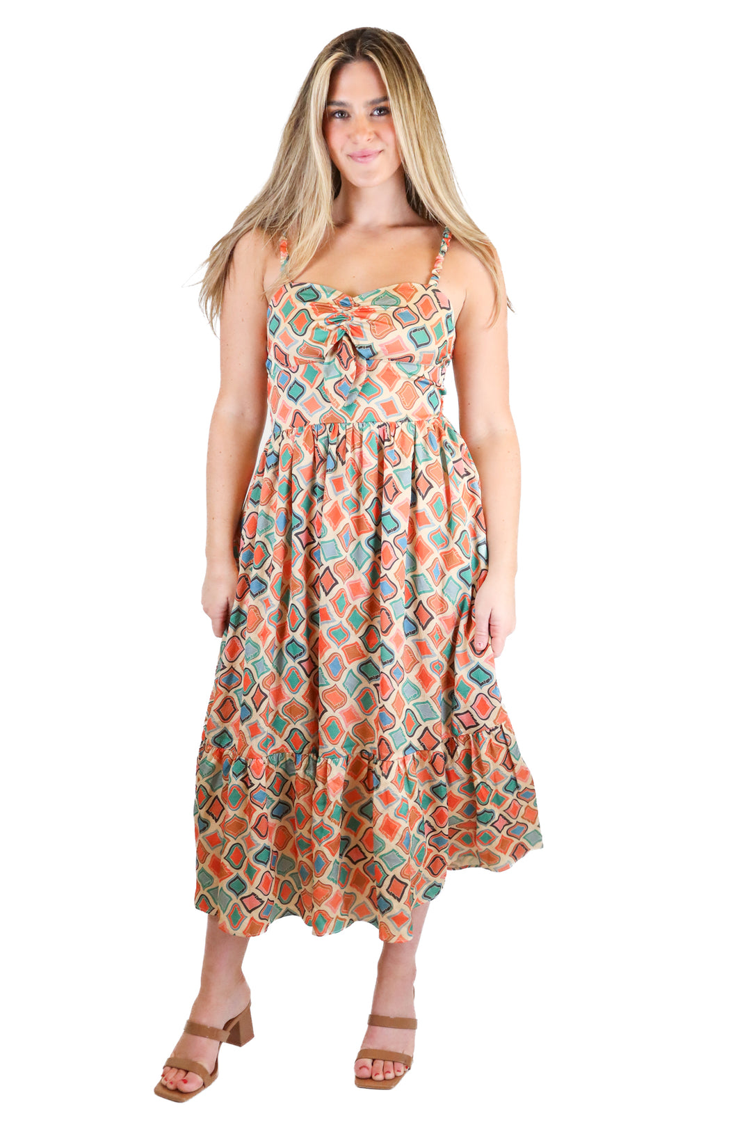 Vici orange/gold/green printed midi dress (S)