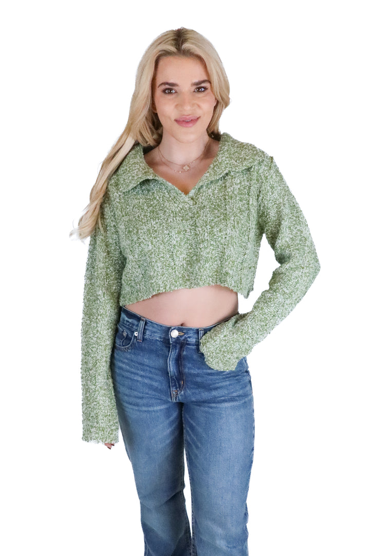 emory park green and white cropped collared sweater (s)