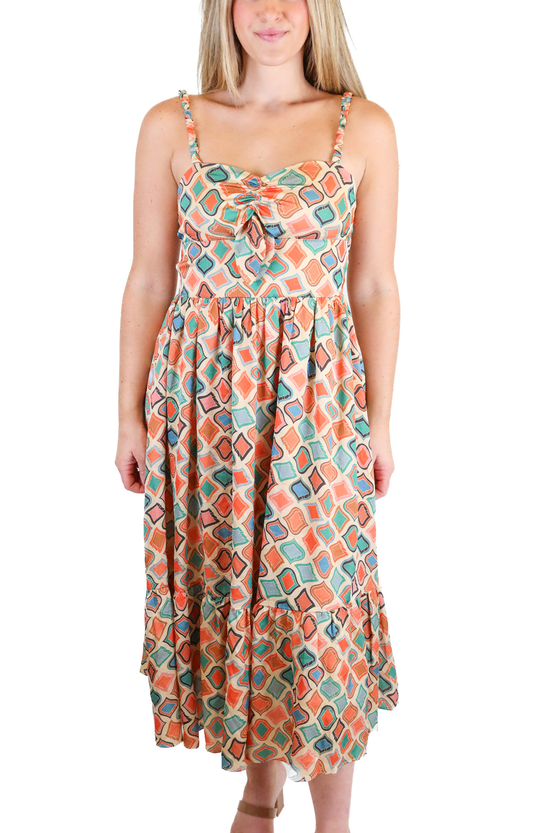 Vici orange/gold/green printed midi dress (S)