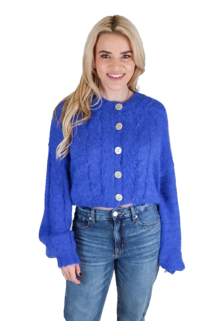 Free People blue fuzzy button up cardigan NWT (s; retail $148)