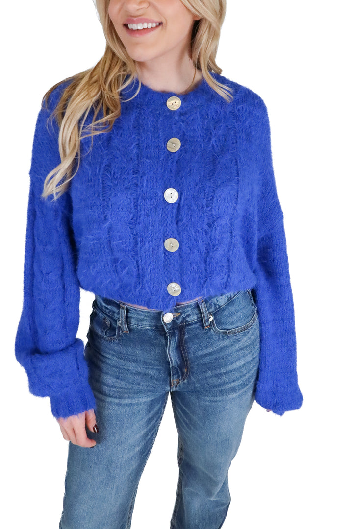 Free People blue fuzzy button up cardigan NWT (s; retail $148)