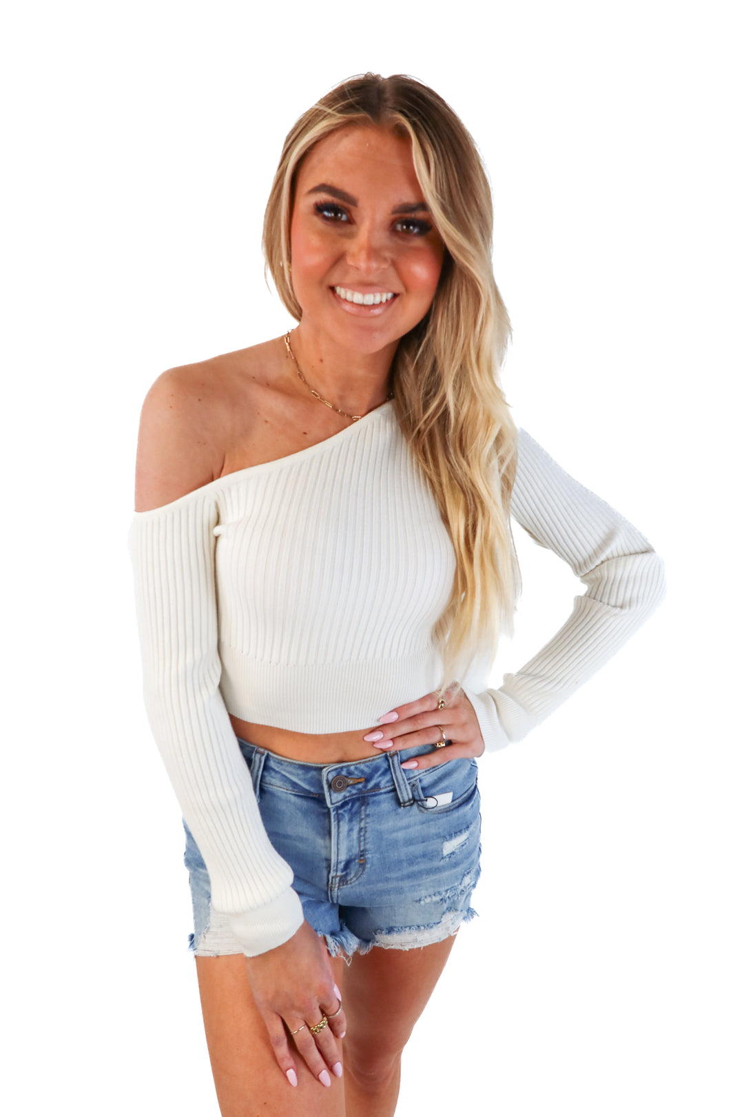 Petal + Pup Ivory Assymetrcial Neck Cropped Sweater (S/M)