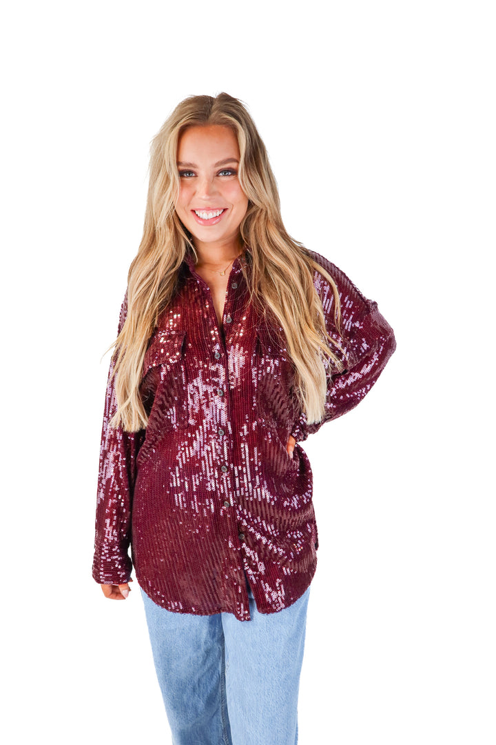 pilcro purple sequin button up top (m; retail $158)
