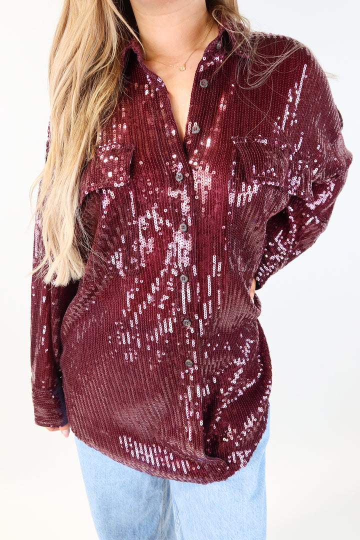 pilcro purple sequin button up top (m; retail $158)