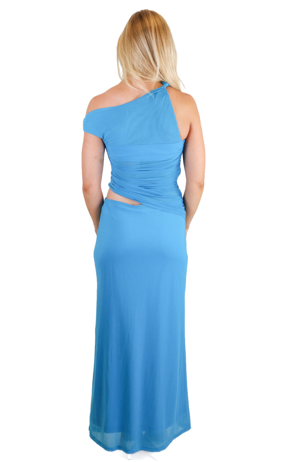 Hello Molly Blue Cutout Ruched Mesh Maxi Dress (*S)