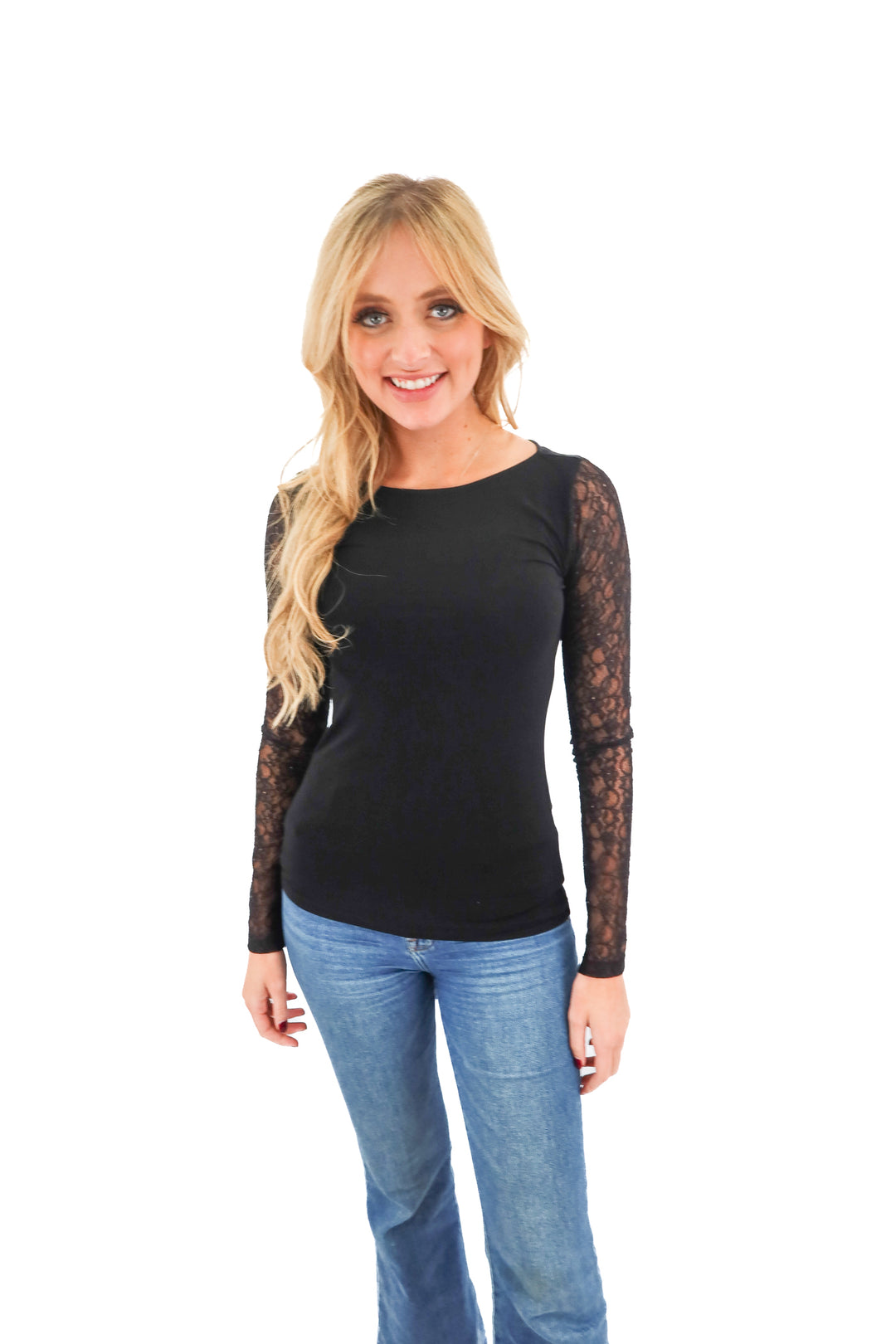 alice & olivia black lace long sleeve top (S)