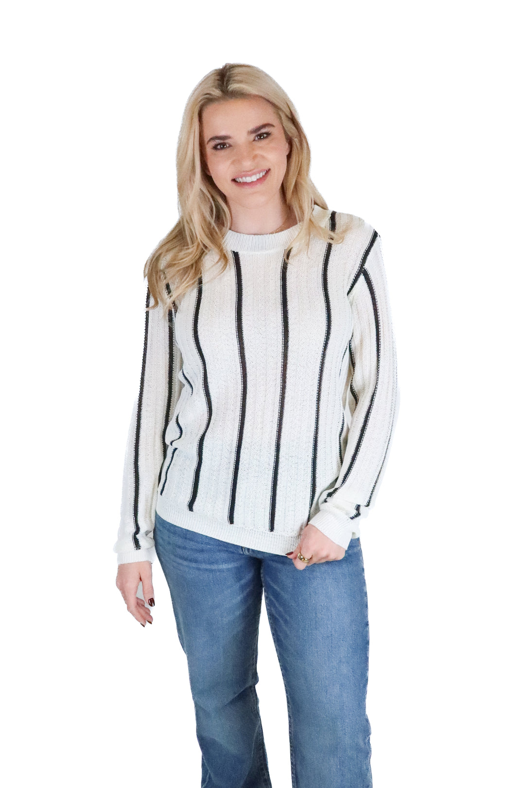 Fore black and white striped crotchet sweater (s; retail $179)