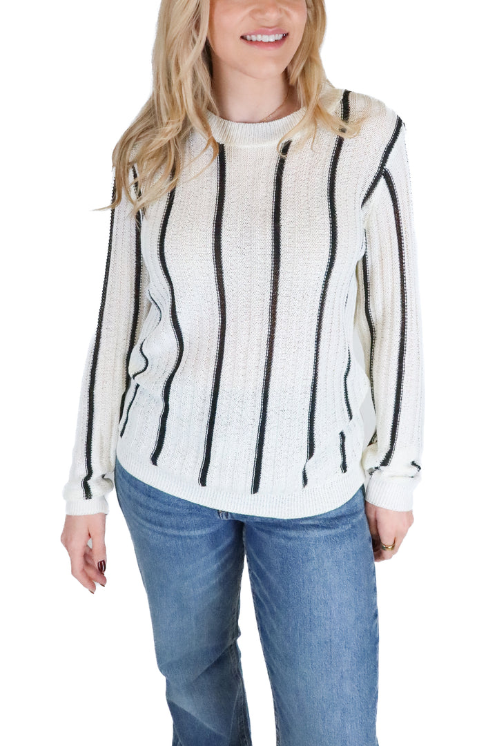 Fore black and white striped crotchet sweater (s; retail $179)