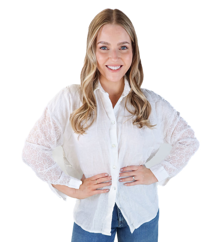 Zara white linen button up with sheer floral sleeves (xs; retails for $49.90)