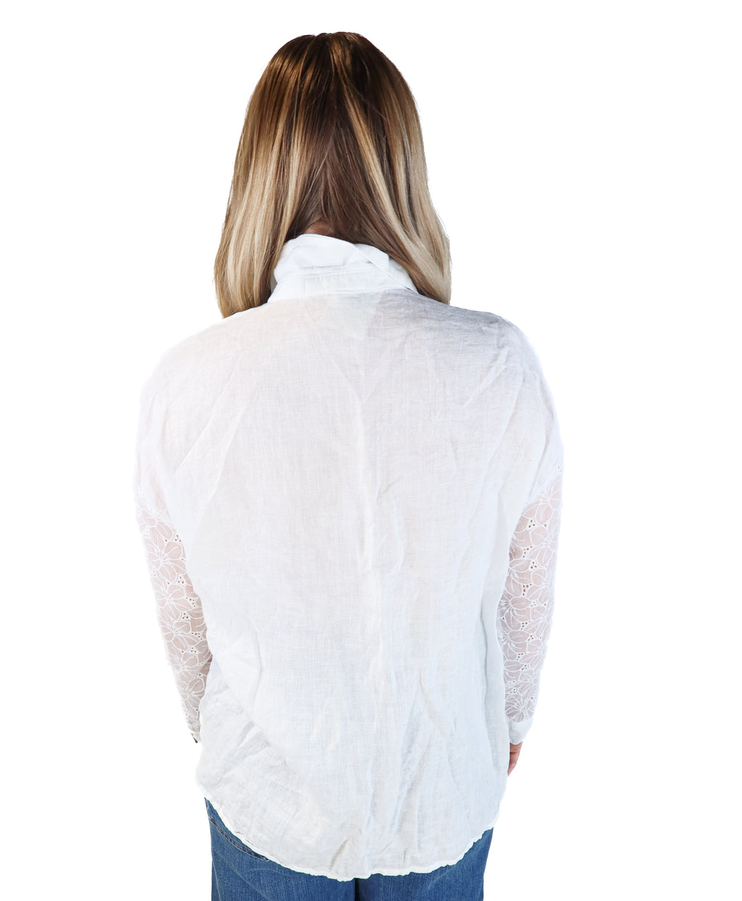 Zara white linen button up with sheer floral sleeves (xs; retails for $49.90)