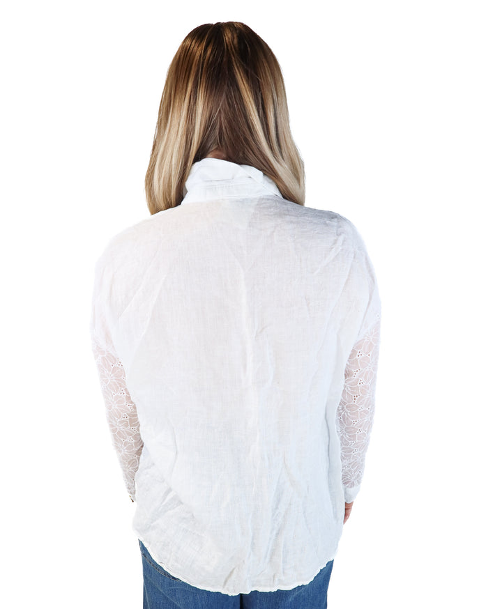 Zara white linen button up with sheer floral sleeves (xs; retails for $49.90)
