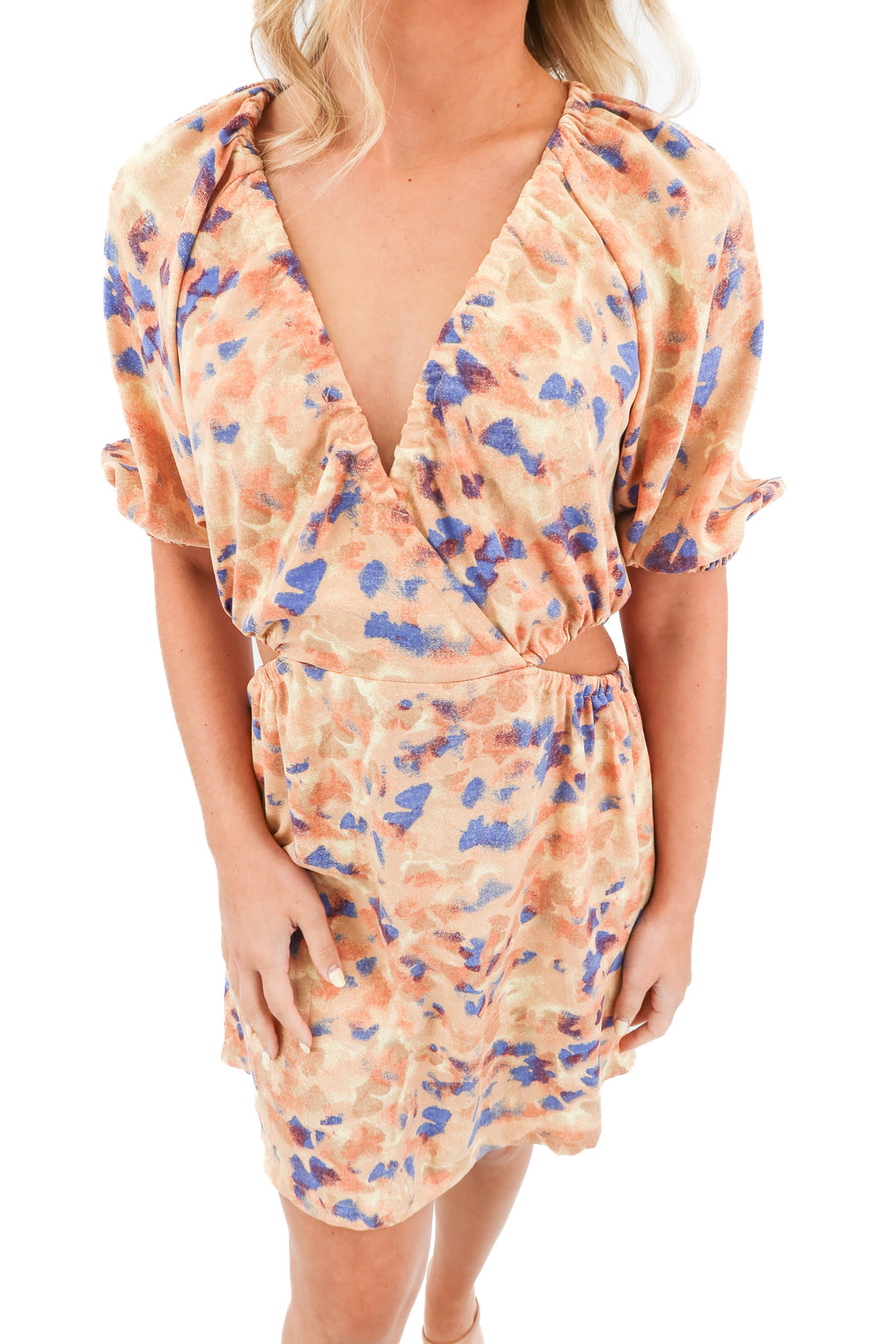open edit orange/water color print cutout mini dress (S)