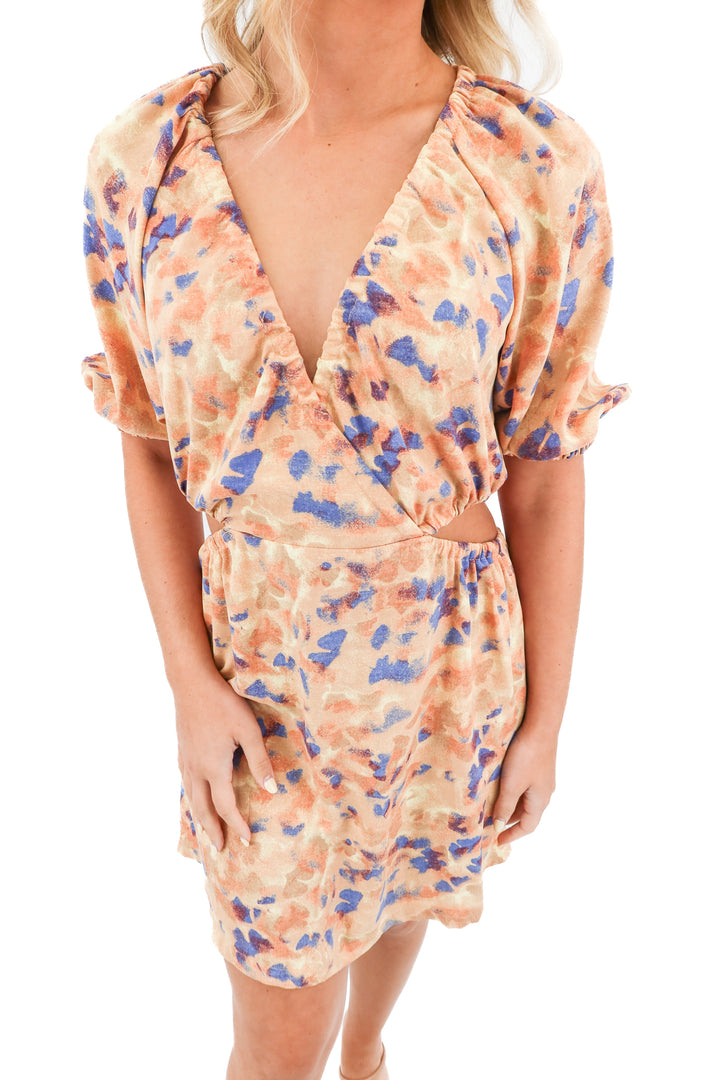 open edit orange/water color print cutout mini dress (S)