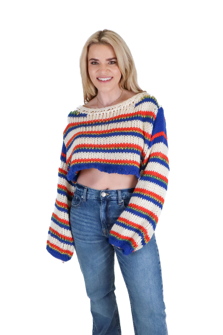 More to Come rainbow crotchet cropped sweater (s; retail $68)