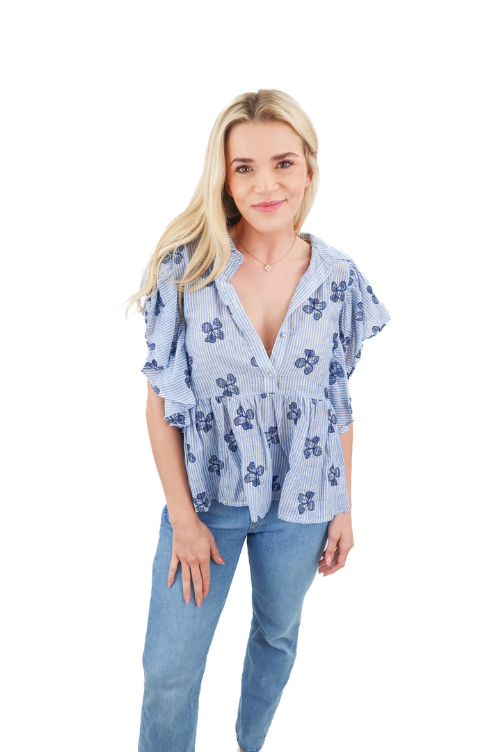 voy blue/white striped top NWT (s; retail $48)
