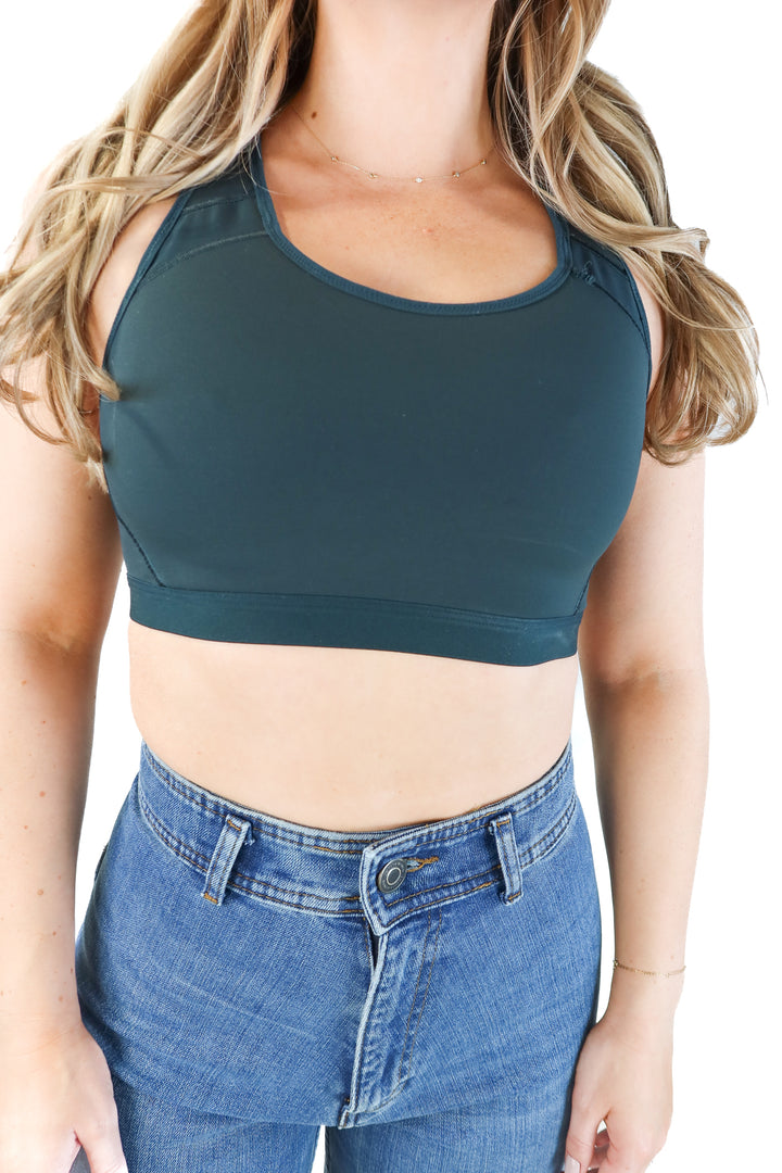 Spanx dark green criss cross sports bra (M; retails for $68)