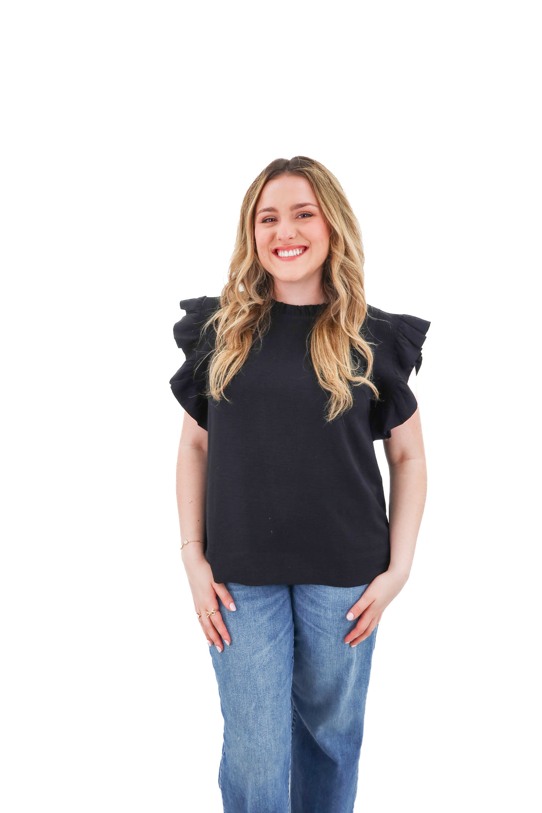 jodifl black ruffle short sleeve top (l)