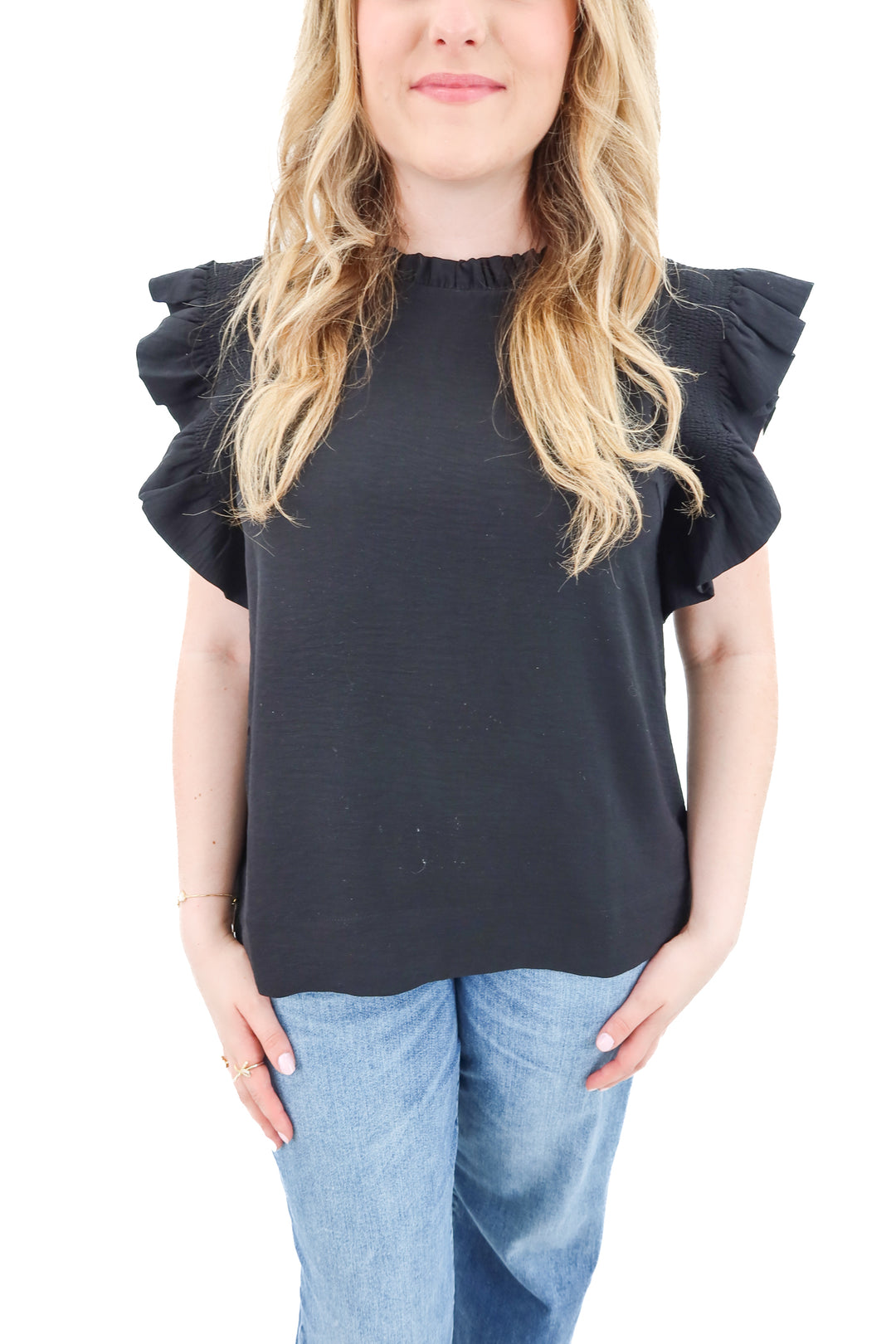 jodifl black ruffle short sleeve top (l)