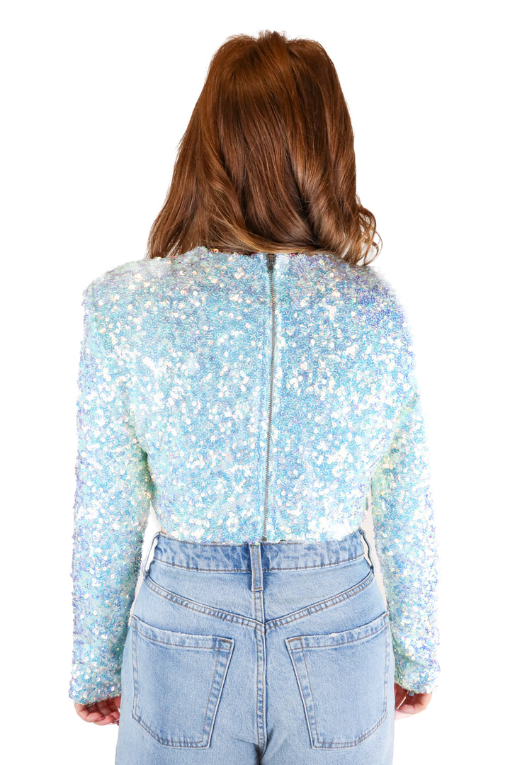 Mable Ice Blue Sequin Cropped Top (S)