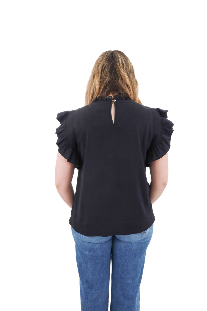 jodifl black ruffle short sleeve top (l)