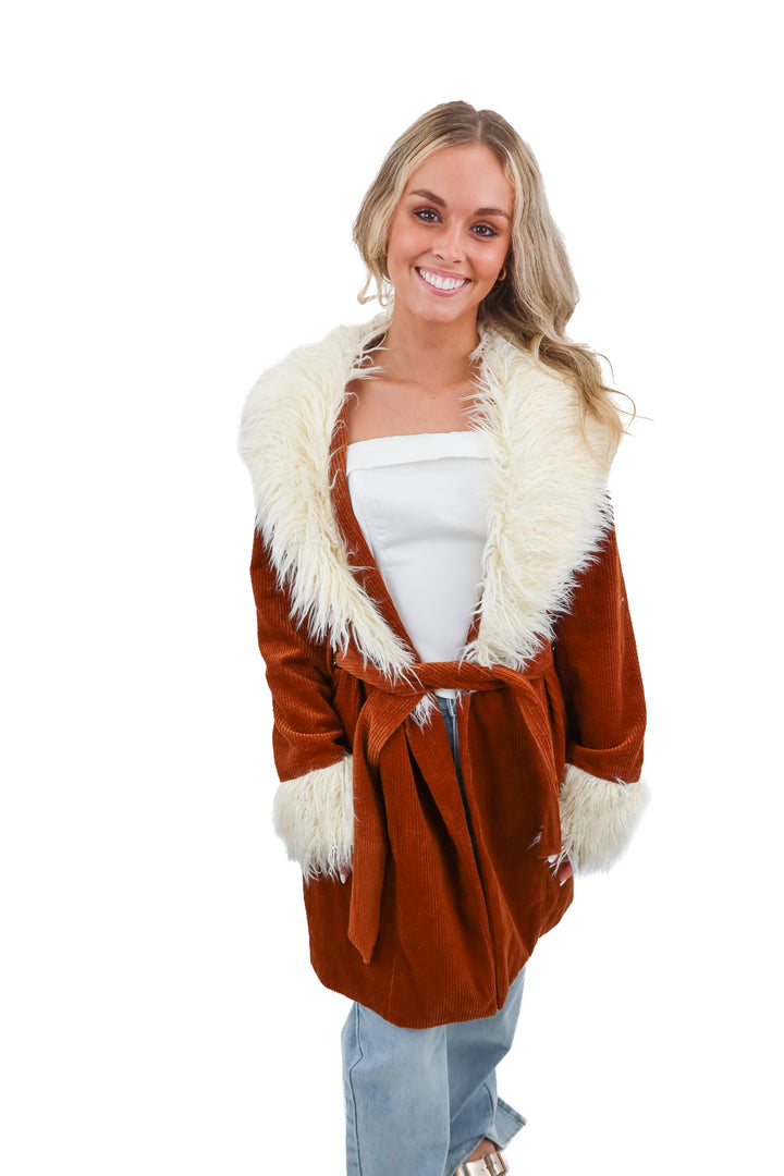 show me your mumu rust ribbed fur coat (s; retail $220)