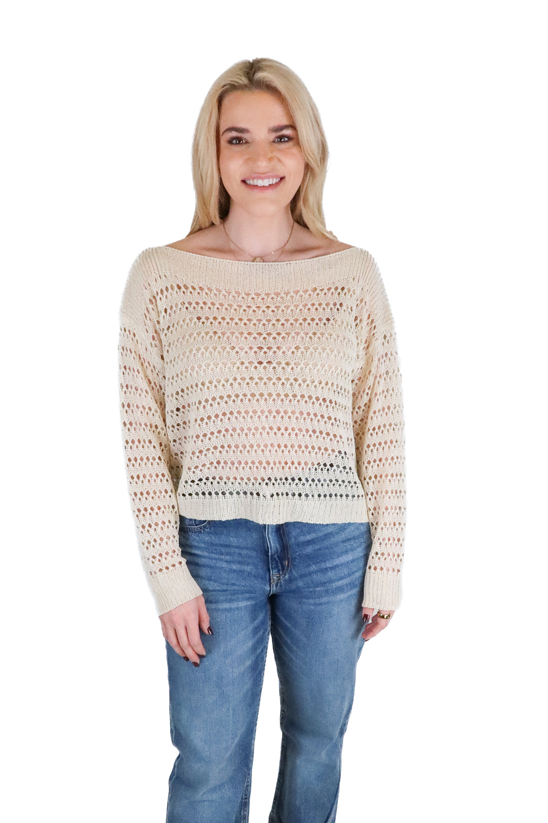 Blu pepper tan crotchet sweater (s; retail $47)