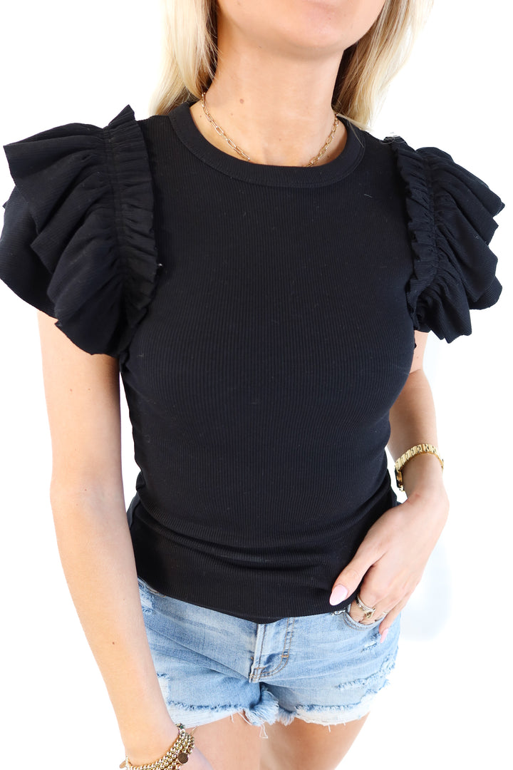 Express black ribbed ruffle sleeve top (xxs)
